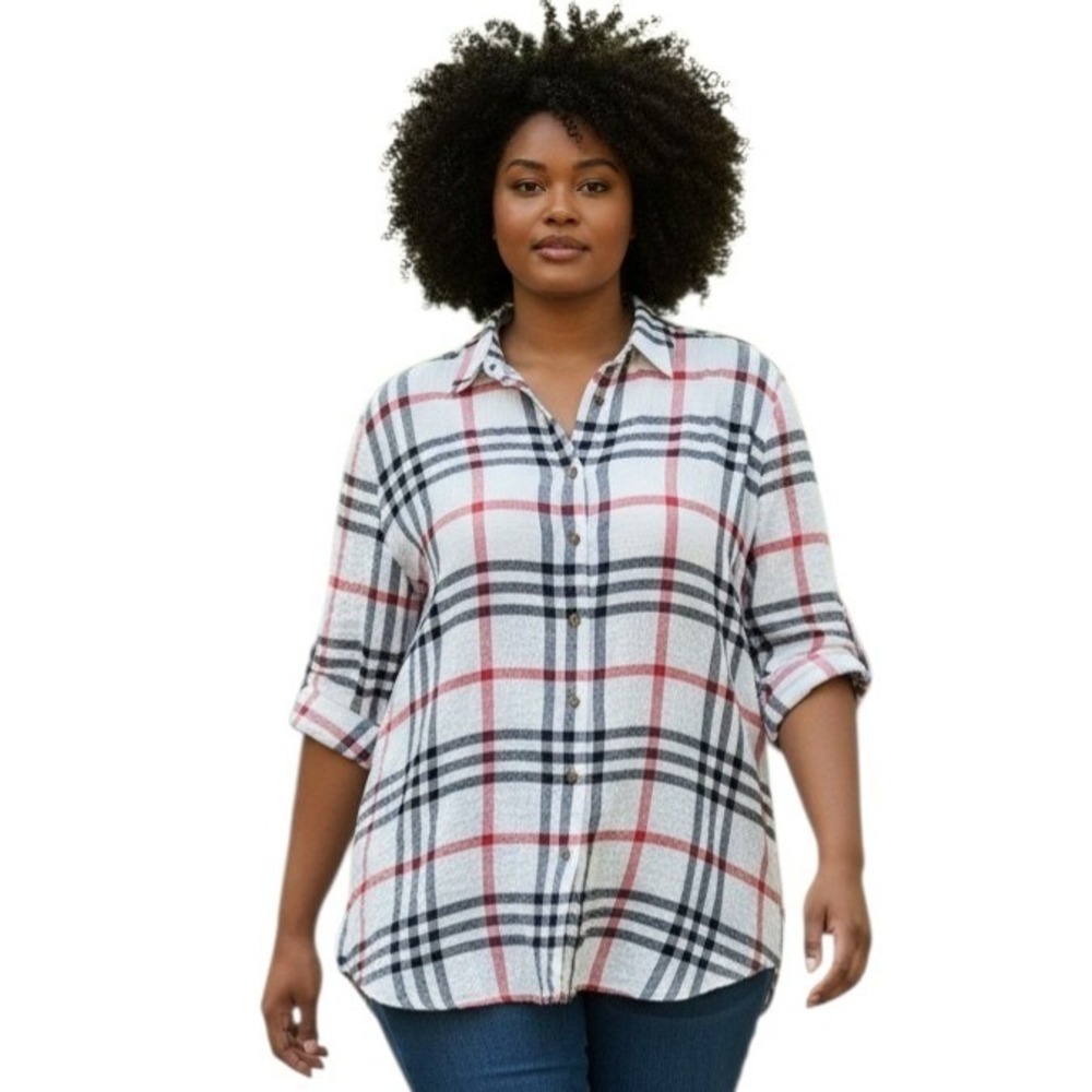 Foxcroft Textured Summer Women size 20W Plaid Button Down Casual Comfy Loose Top